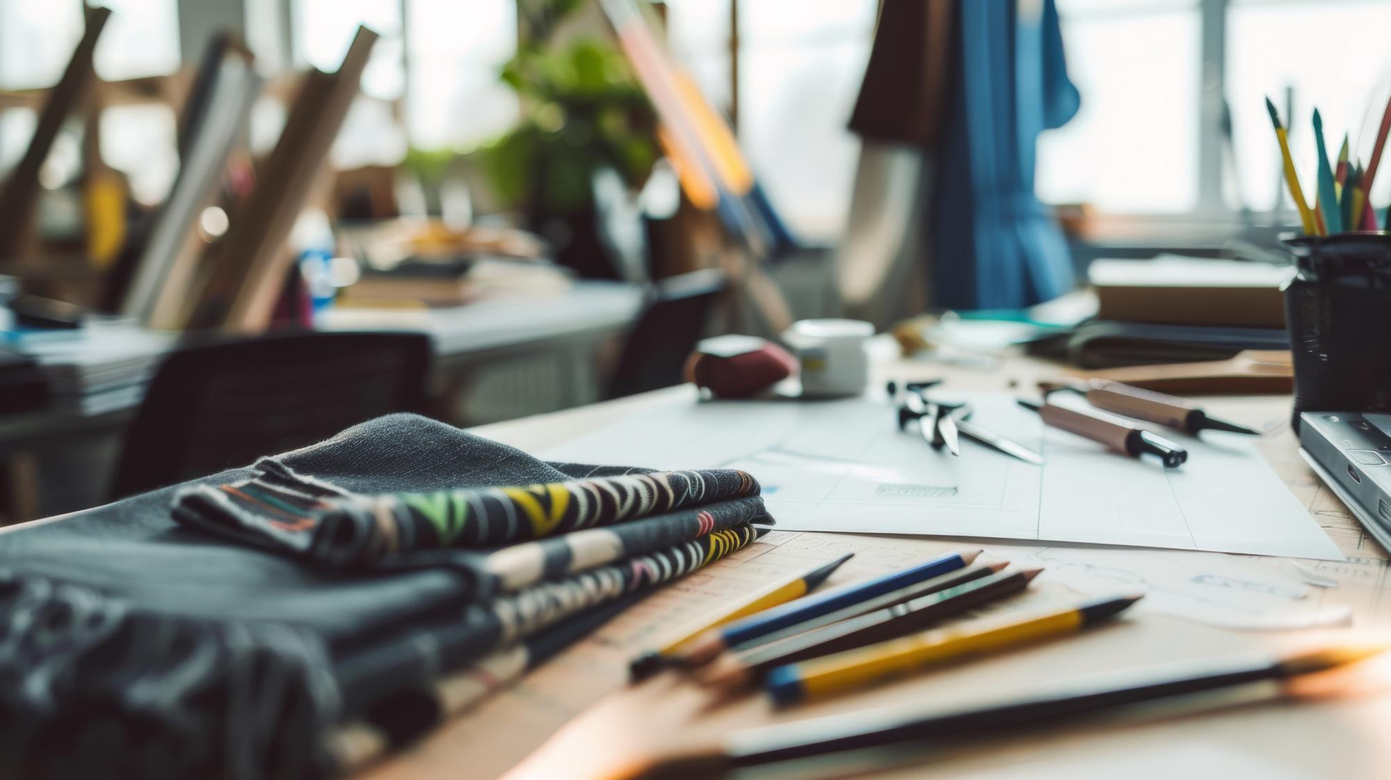 Workshop table with threads and sketches