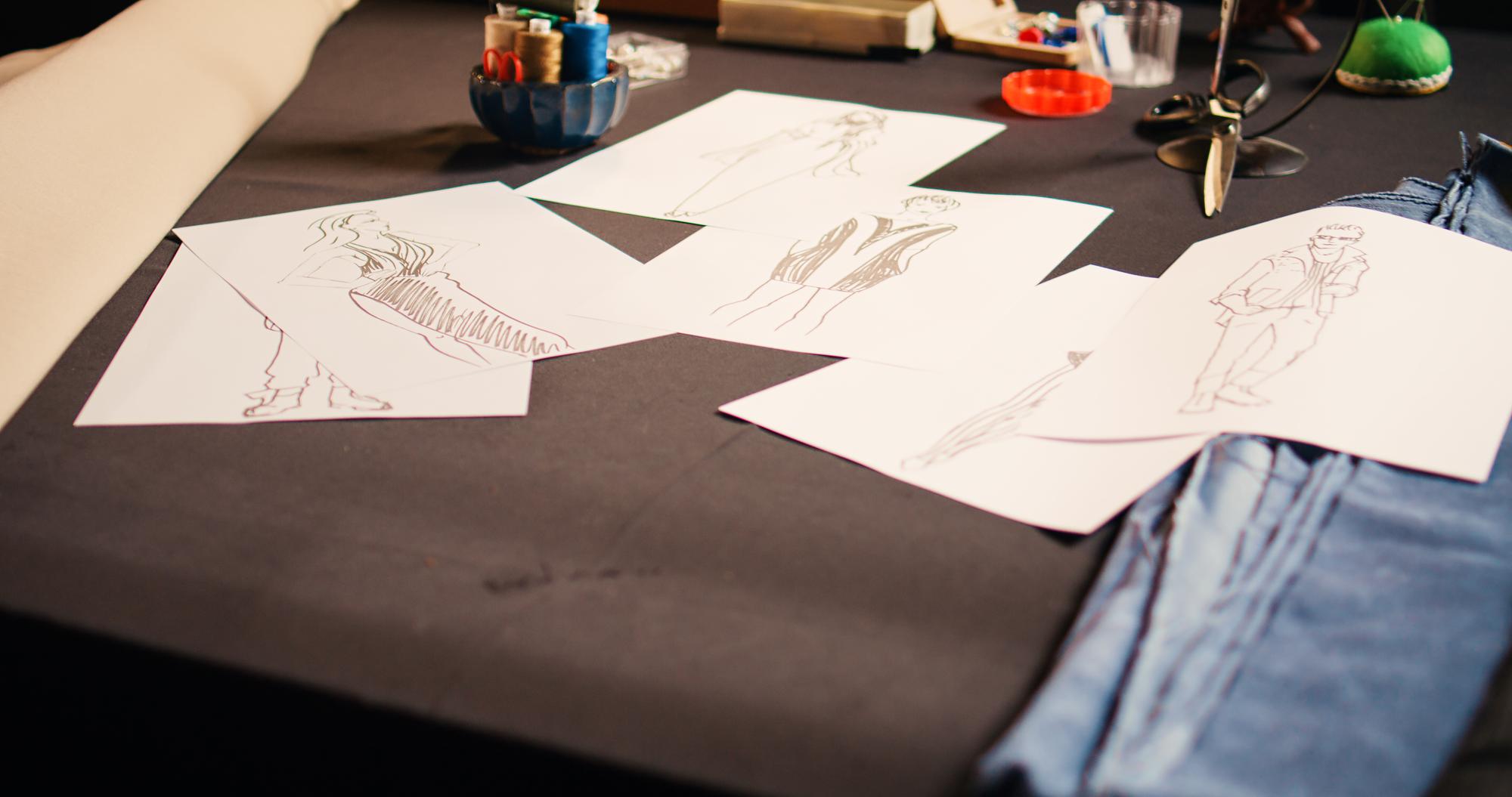 Pattern sketches next to stitched sample